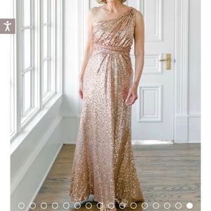 Revelry side shoulder rose gold sequin dress